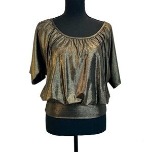 SEDUCTION metallic gold short sleeve ruched crisscross back blouse Sz S
